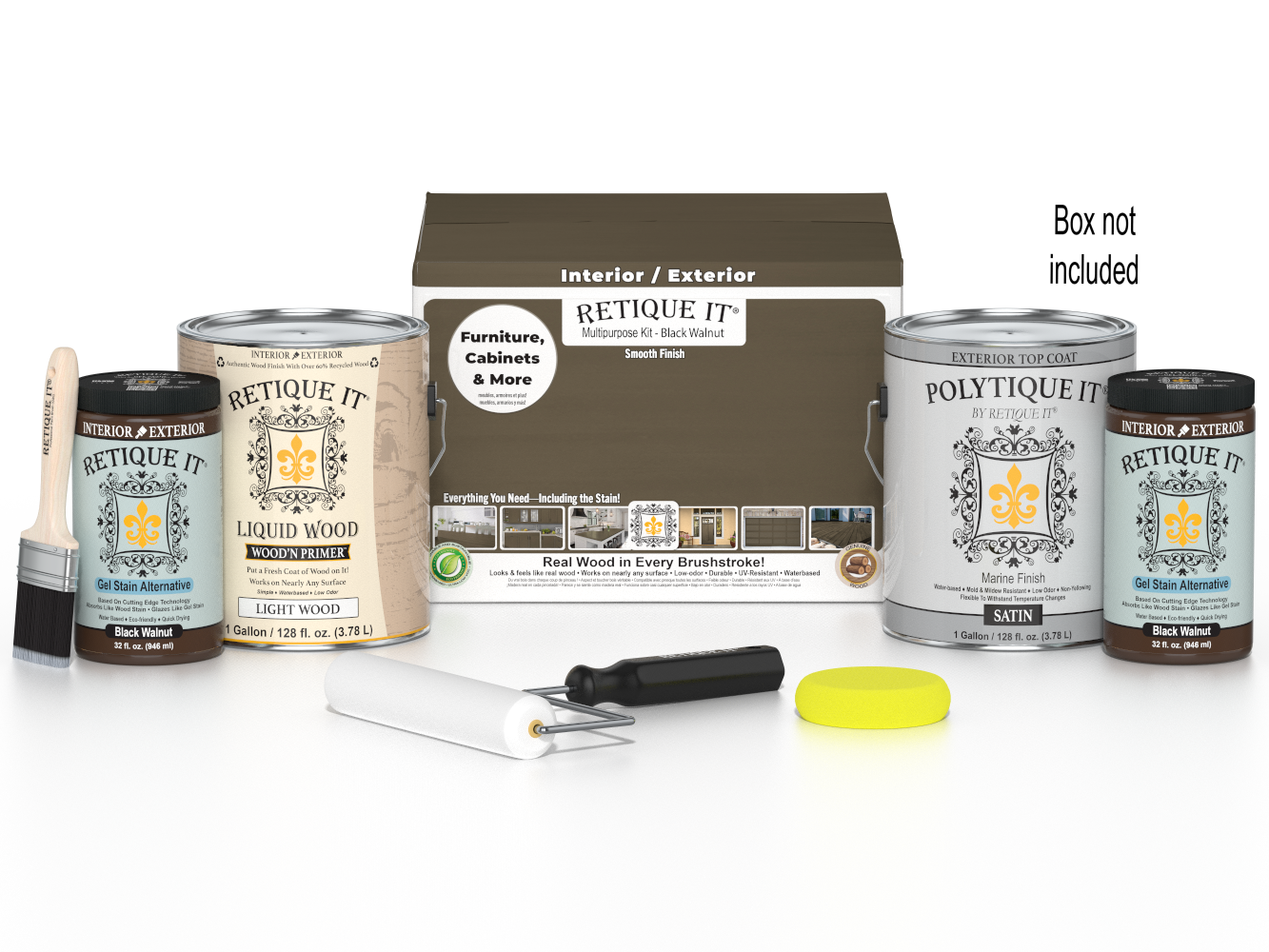 Retique It® Black Walnut Multi-purpose Smooth Finish Kit with 4 large exterior top coat bottles in matte finish on a box.