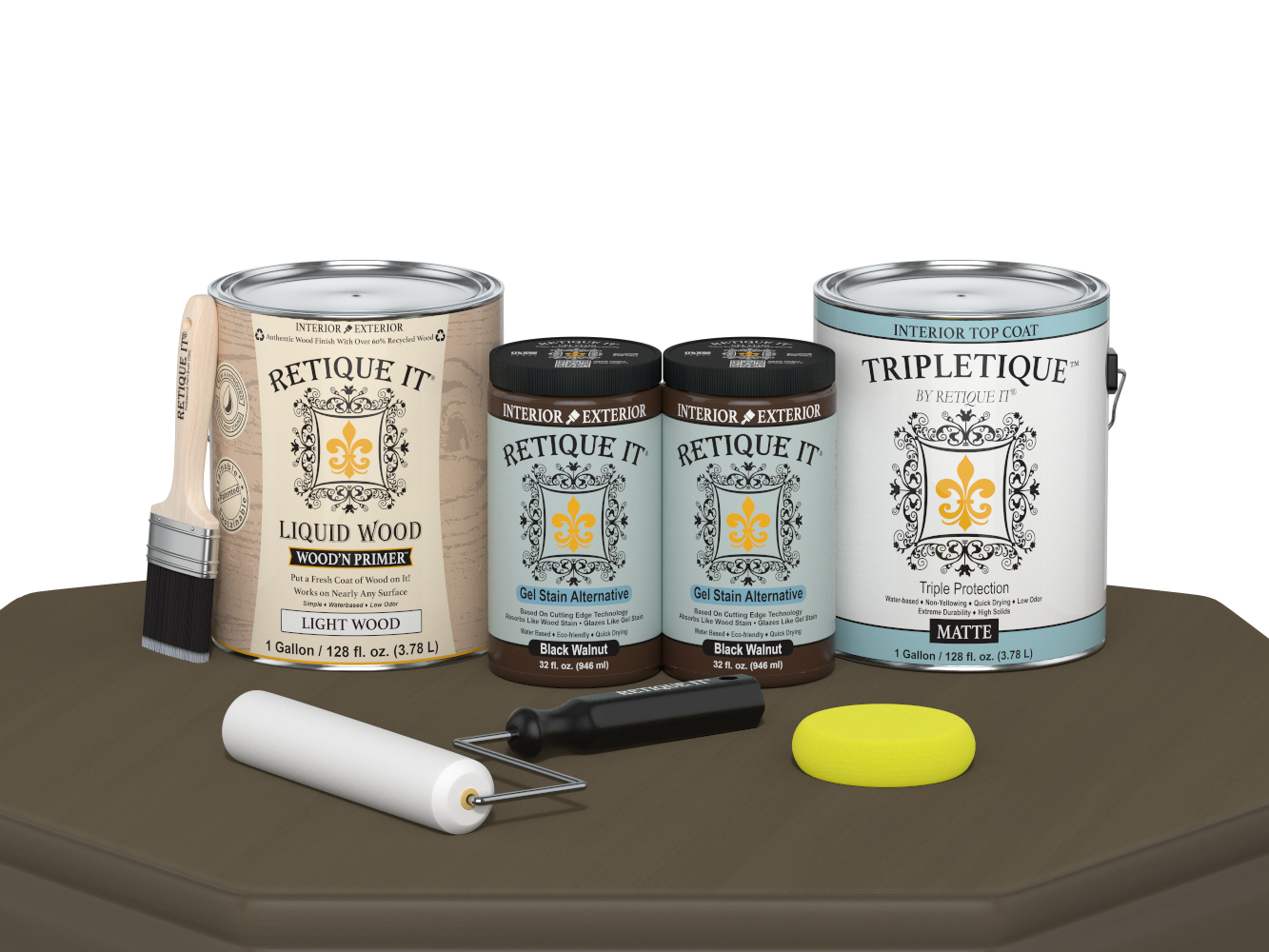 Retique It® Black Walnut multi-purpose wood finish kit with four large interior top coat bottles in matte finish.