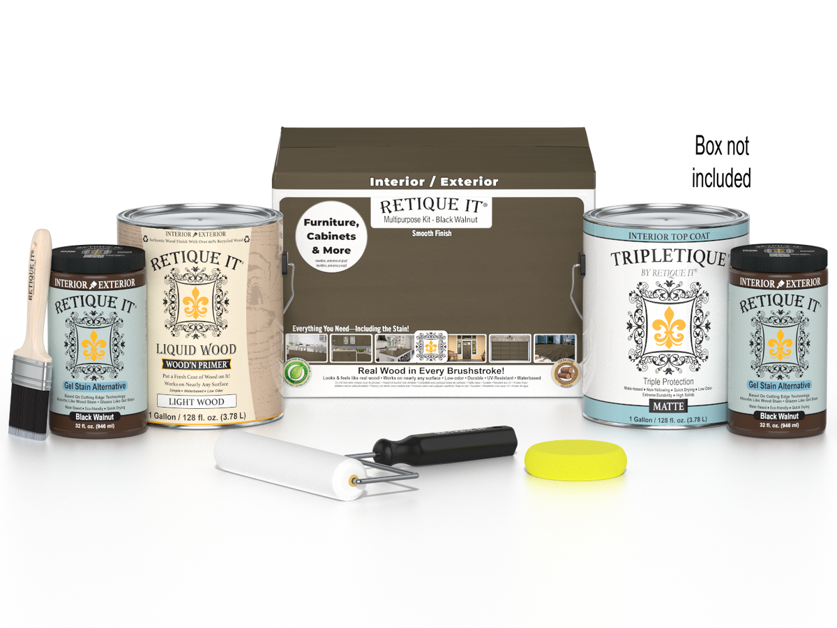 Retique It® Black Walnut Multi-purpose Smooth Finish Kit for wood interior top coat, includes four large bottles in a boxed set.