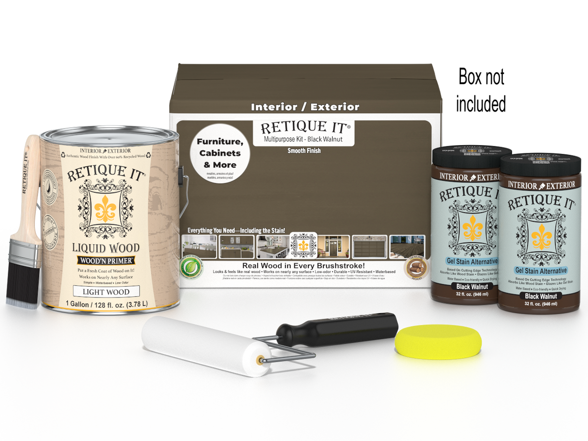 Retique It® Black Walnut Multi-purpose Smooth Finish Kit (4x Large) for wood finishing, shown in the image with brushes and product packaging.