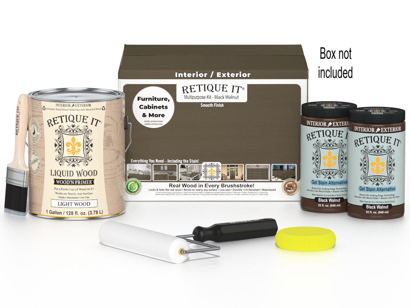 Retique It® Black Walnut Multi-purpose Smooth Finish Kit with four large containers for wood finishing projects.