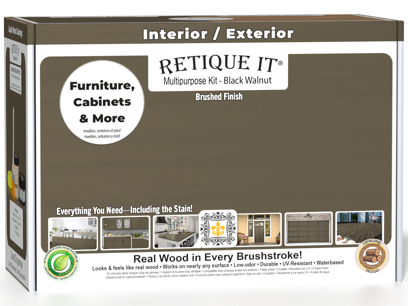 Retique It® Multi-purpose Smooth Finish Kit in Black Walnut for interior wood projects, featuring a matte top coat in a box.