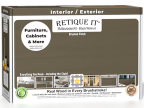 Retique It® Multi-purpose Smooth Finish Kit in Black Walnut for exterior wood, includes top coat and matte finish components.