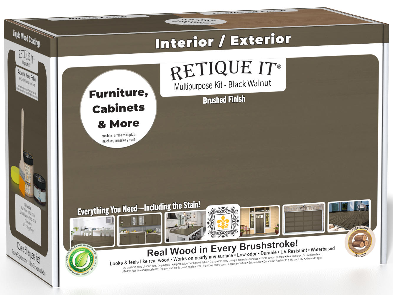 Retique It® Multi-purpose Smooth Finish Kit in Black Walnut for exterior wood, includes top coat with matte finish.