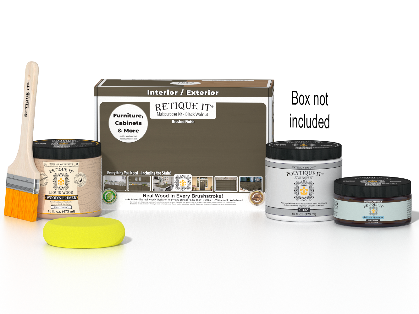 Retique It® Multi-purpose Smooth Finish Kit in Black Walnut for exterior top coat, includes wood finish and gloss for wood projects.