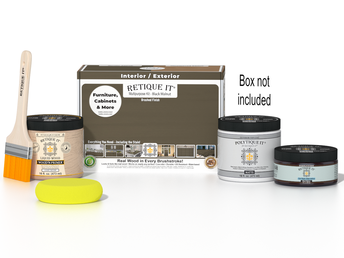 Retique It® Multi-purpose Smooth Finish Kit in Black Walnut for exterior wood projects, includes top coat and application tools.