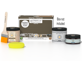 Retique It® black walnut Multi-purpose Smooth Finish Kit for exterior wood, includes top coat in matte finish with application tools.