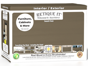 Large black walnut wood finish kit by Retique It® with smooth finish and applicator tools, designed for multi-purpose wood projects.