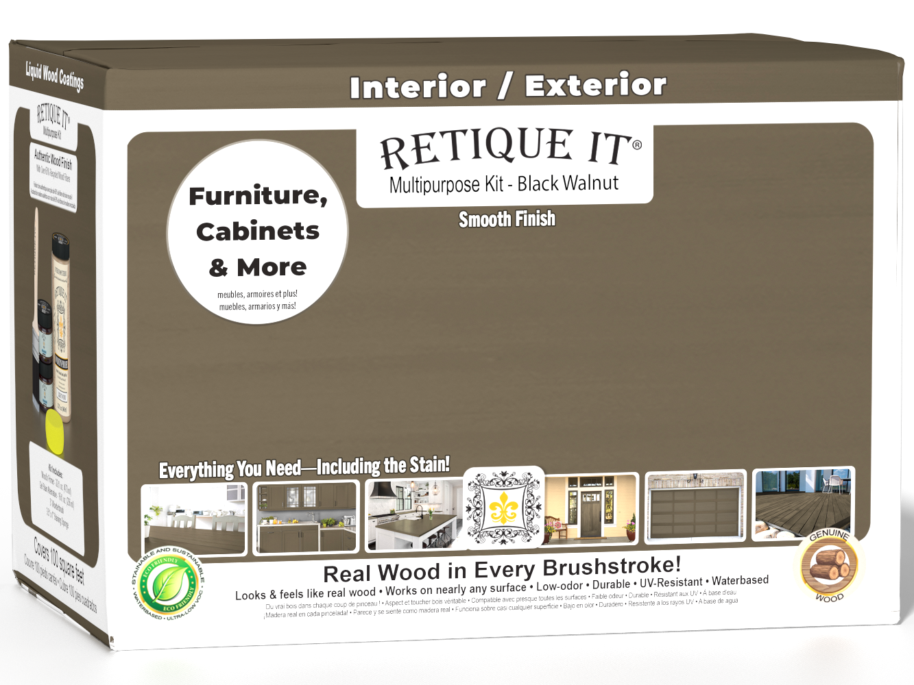 Retique It® Multi-purpose Smooth Finish Kit (Large) in Black Walnut for exterior top coat with a matte finish, includes application tools.