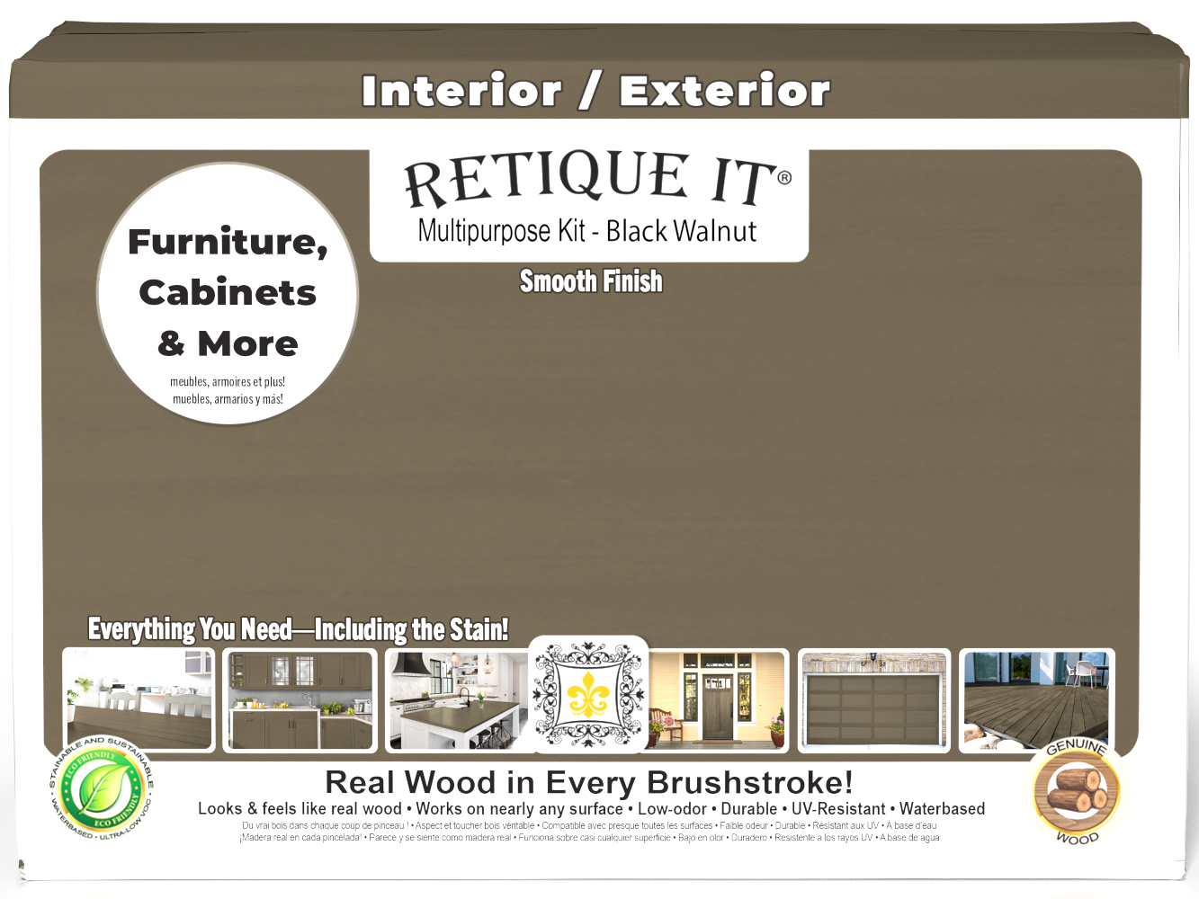 Retique It® Multi-purpose Smooth Finish Kit (Large) in Black Walnut for interior wood top coating, shown in box front image.