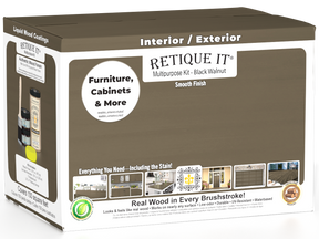 Retique It® Multi-purpose Smooth Finish Kit in large black walnut for interior wood top coating, includes brushes and finishing tools.