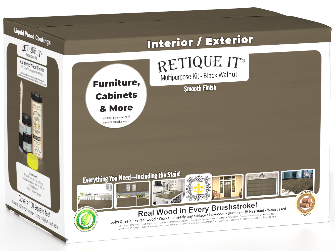 Large black walnut exterior top coat kit from Wood'n Finish Kits by Retique It®, featuring a smooth, matte finish for wood surfaces.