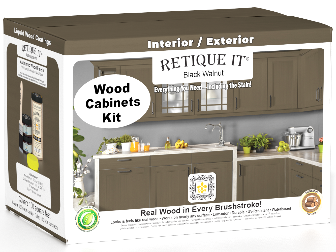 Retique It® Wood'n Cabinet Kit with 12 smooth black walnut stained cabinet doors, ideal for kitchen or furniture renovation.