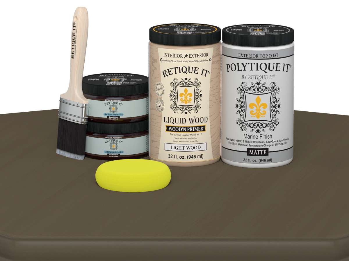 Large black walnut wood finish kit by Retique It® with smooth matte top coat for exterior wood projects.