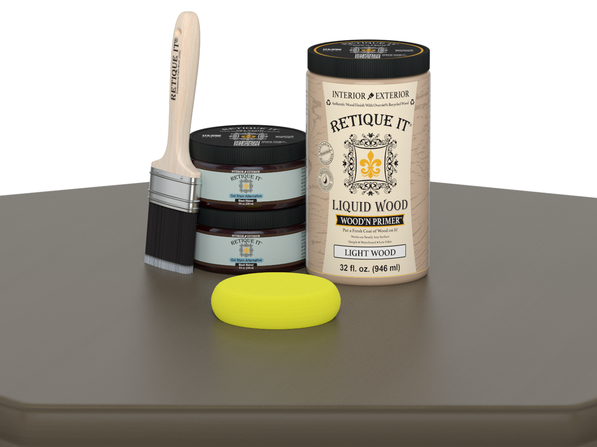 Large black walnut wood finish kit by Retique It® for smooth, multi-purpose wood finishing projects, includes application tools.
