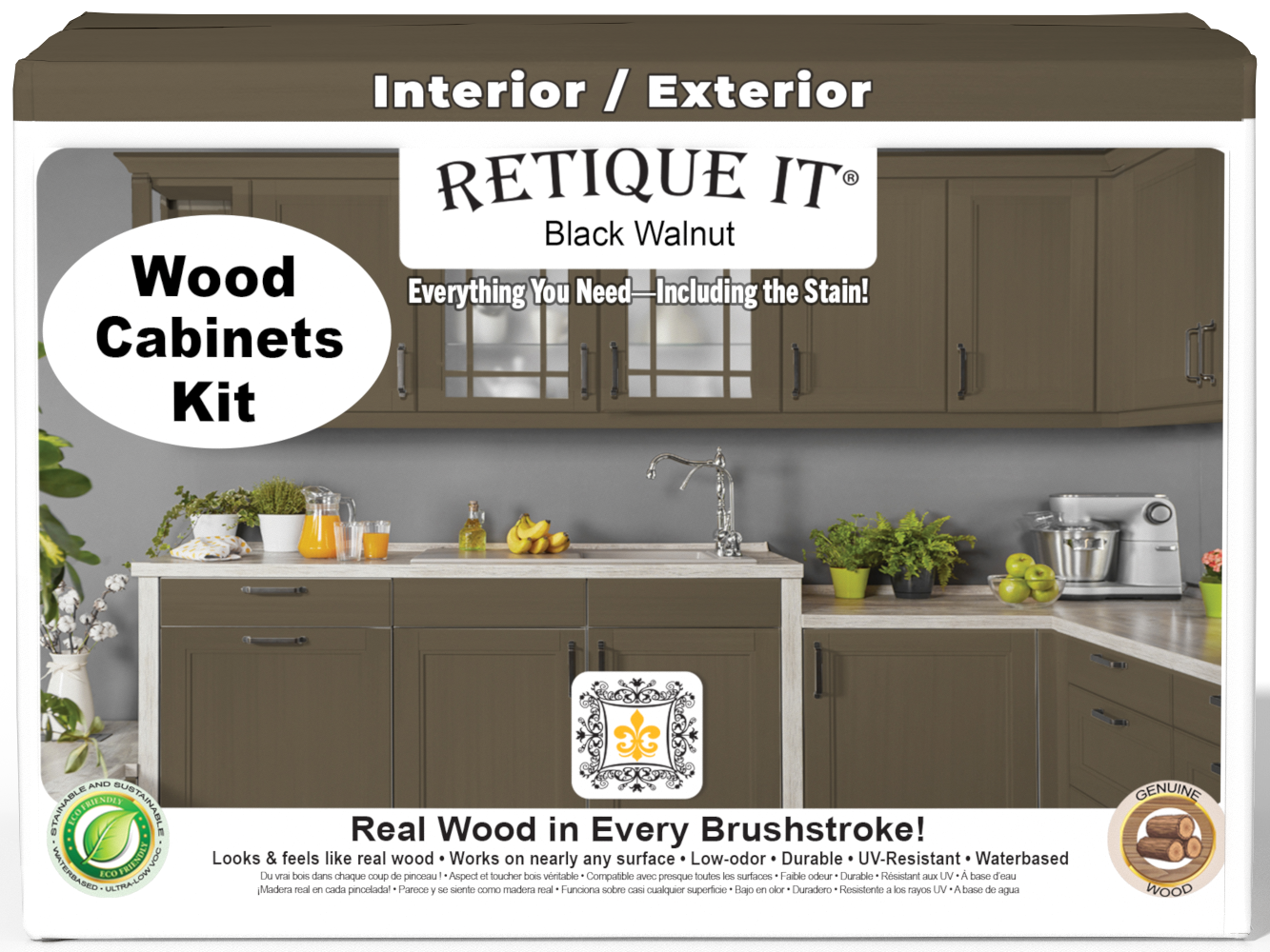 Front view of Retique It® Wood'n Cabinet Kit with 24 black walnut stained cabinet doors, smooth finish, for kitchen or bathroom.