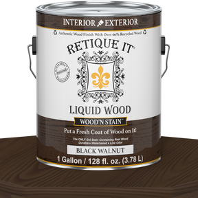 Retique It® Liquid Wood Wood'n Stain in Black Walnut color, 128 oz bottle, showcasing the rich, dark stain for wood finishing.