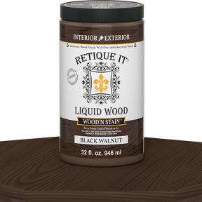 Retique It® Liquid Wood Wood'n Stain in Black Walnut, 32 oz bottle, showcasing rich dark brown stain for wood finishing.