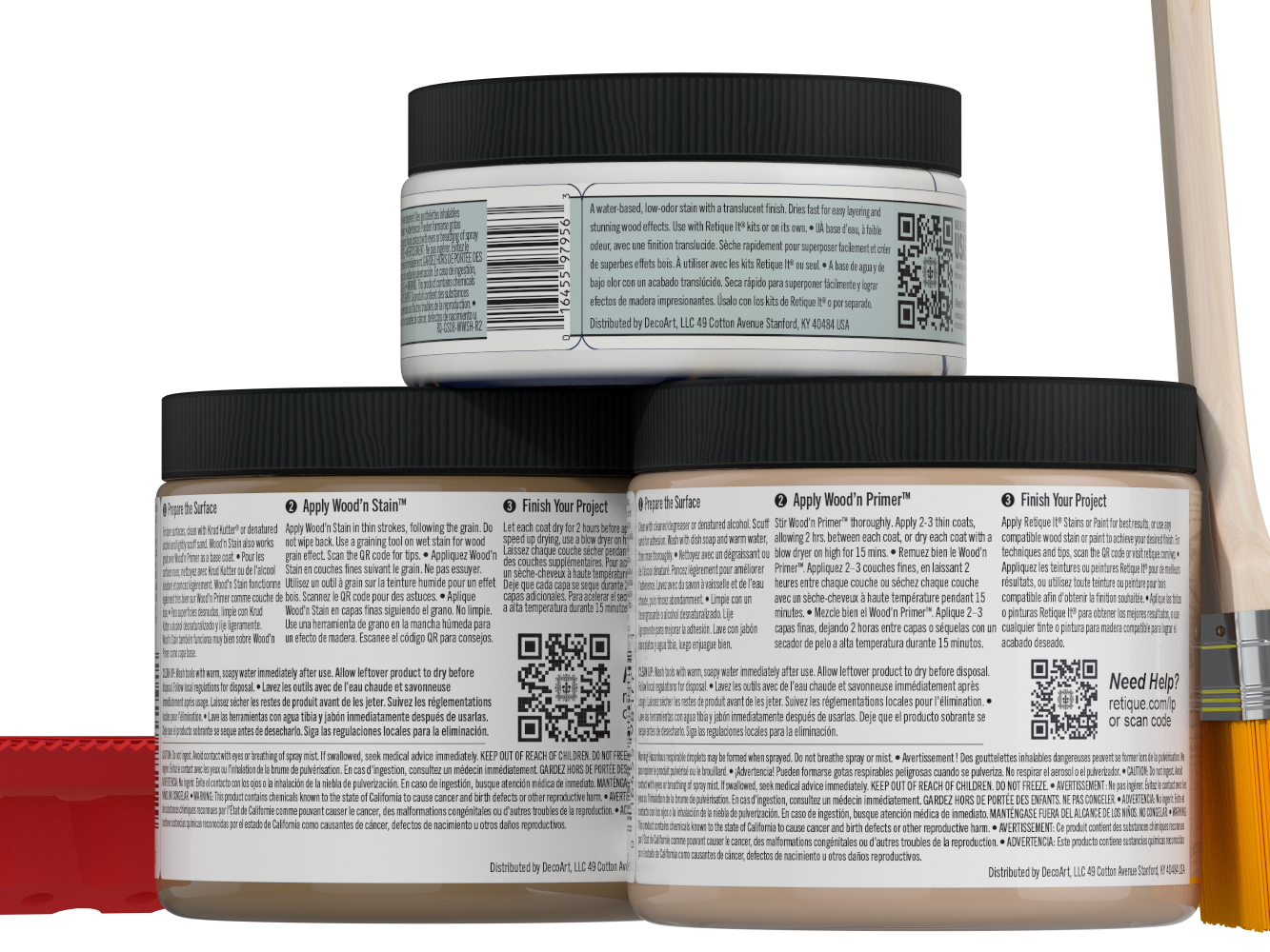 Retique It® Wood'n Finish Kit in French oak for multi-purpose wood finishing, shown in back view with wood sample.