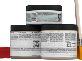 Retique It® Wood'n Finish Kit in French oak for multi-purpose wood finishing, shown in back view with wood sample.