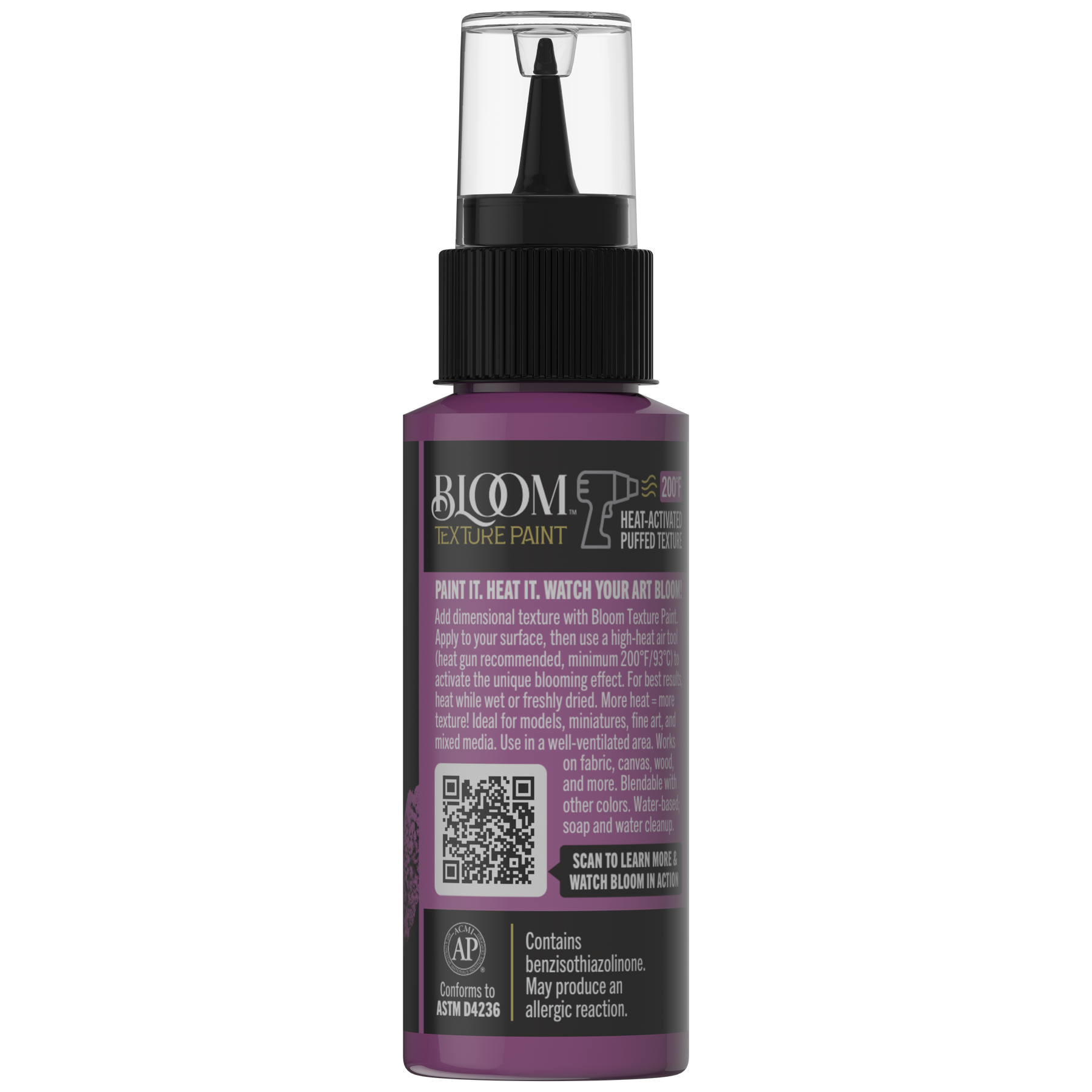 DecoArt Bloom Texture Paint in Mystic Plum, rear product packaging view