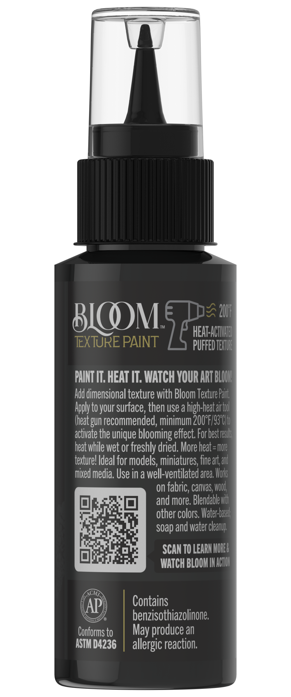 DecoArt Bloom Texture Paint in Carbon Void Black showing a textured black paint surface with a matte finish and artistic detailing