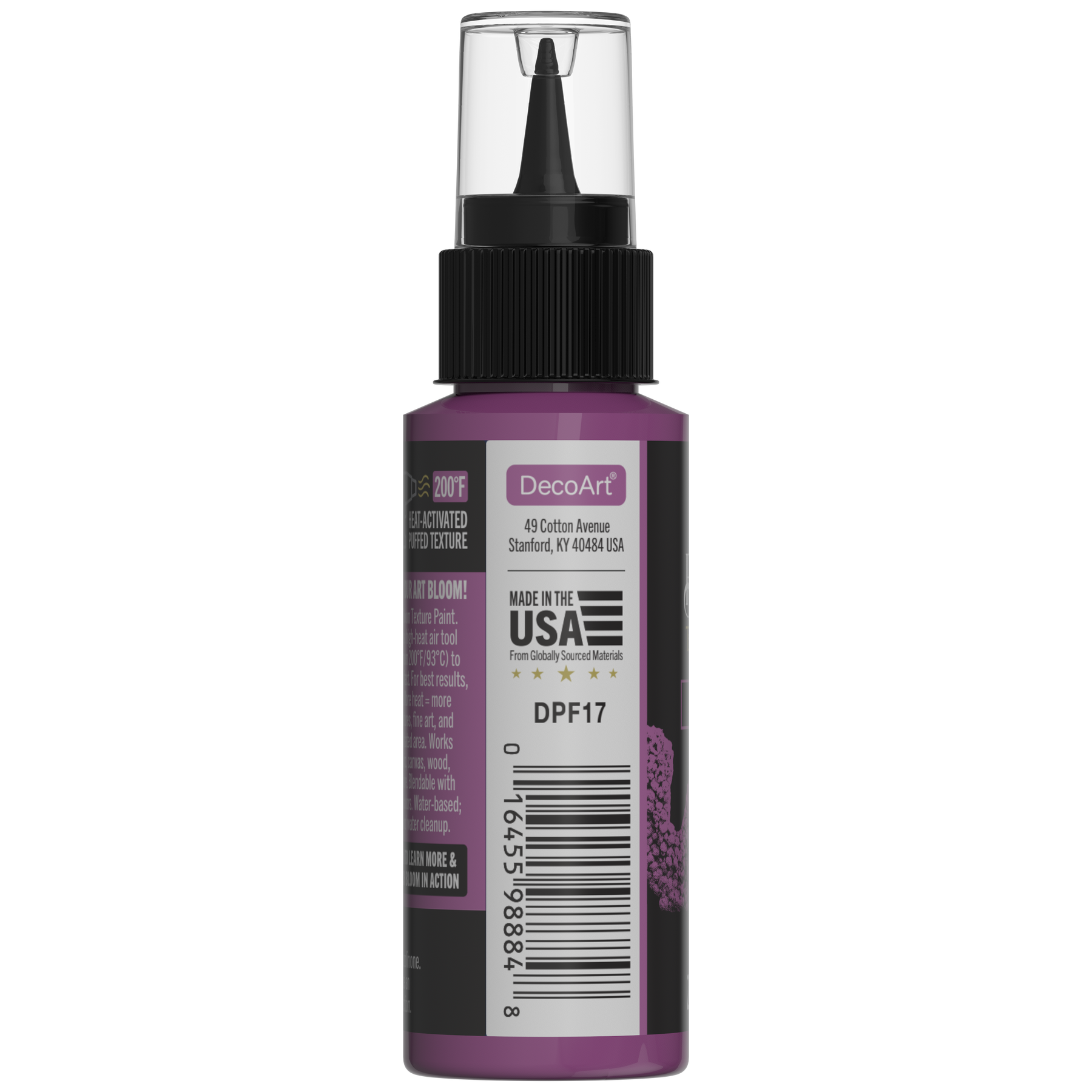 DecoArt Bloom Texture Paint in Mystic Plum, shown in a paint container with rich purple texture finish
