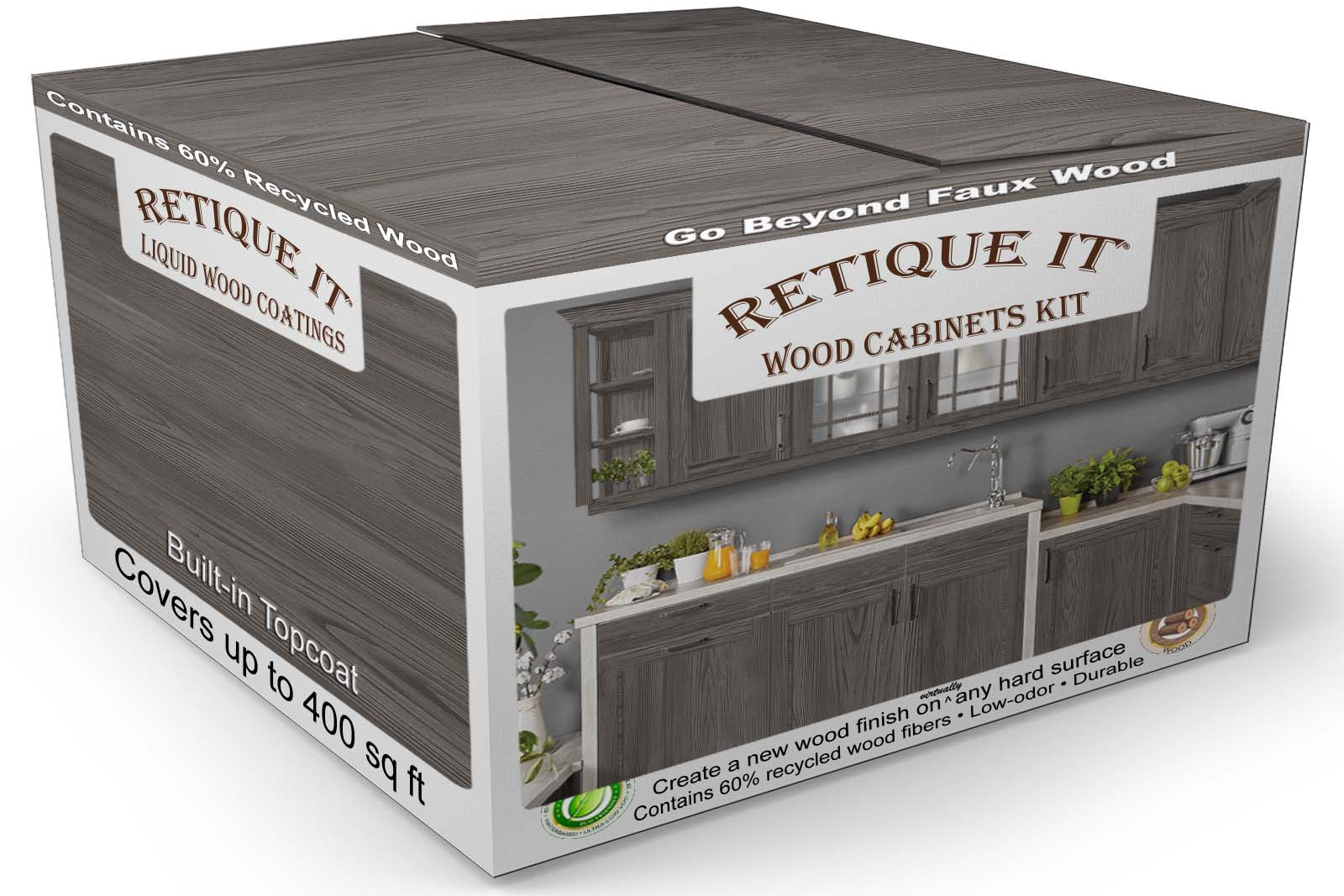 Retique It Wood'n Cabinet Kit in Harbor Gray with 24 grained cabinet doors and stains, shown in the box packaging.