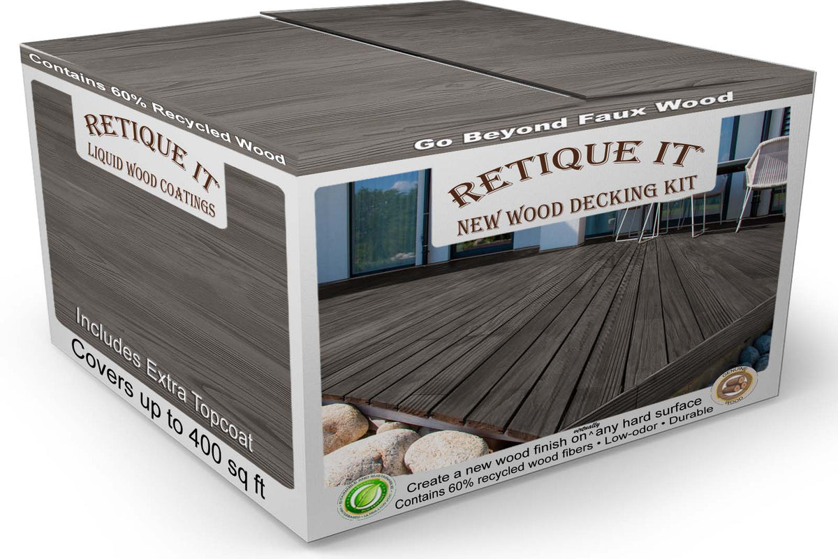 Retique It Decking Wood'n Smooth Kit in Harbor Gray stain, featuring a box with wood grain pattern and staining tools.