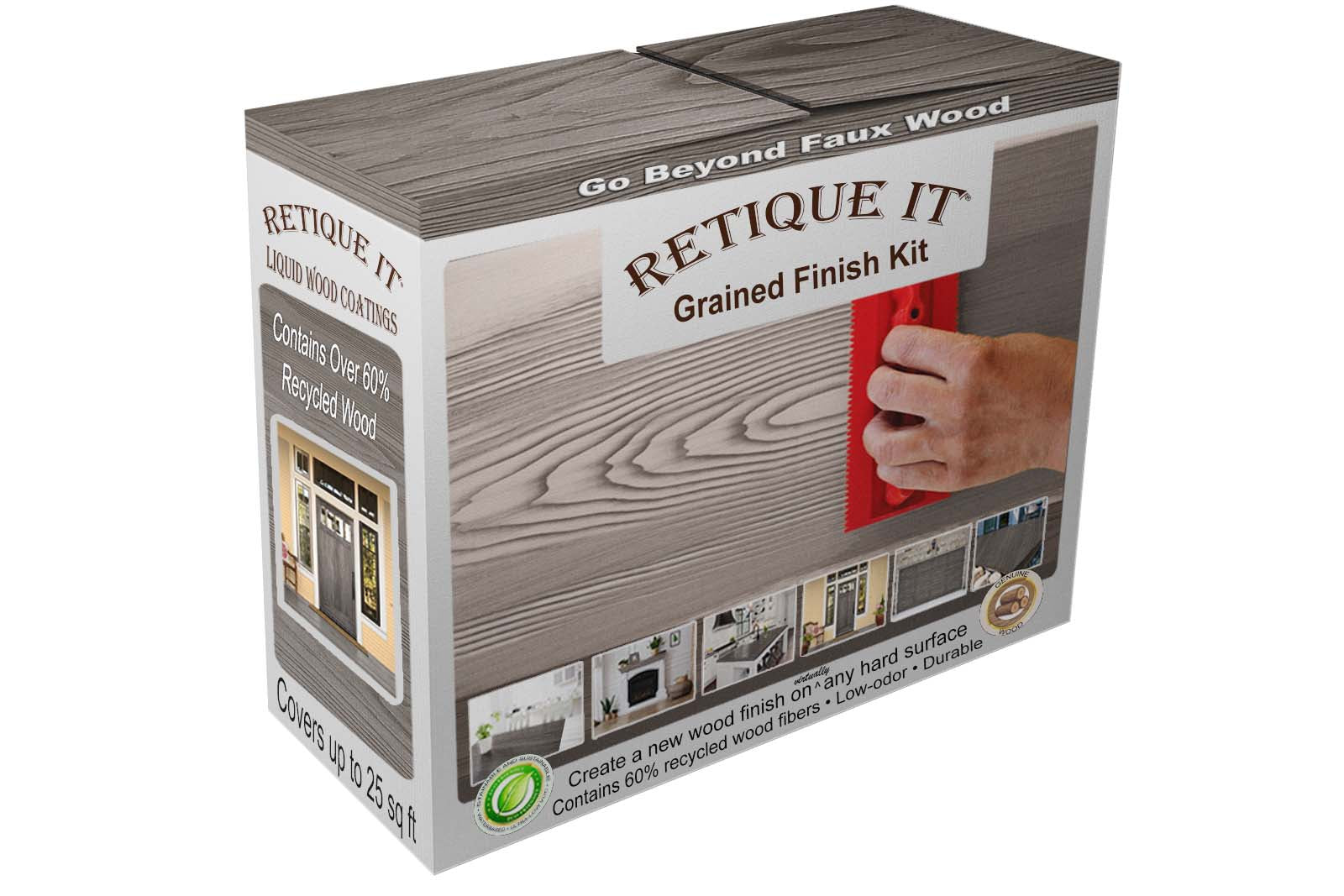 Retique It Wood'n Finish Kit in Harbor Gray with wood grain pattern, showing the box with product labeling and illustrative wood grain sample.