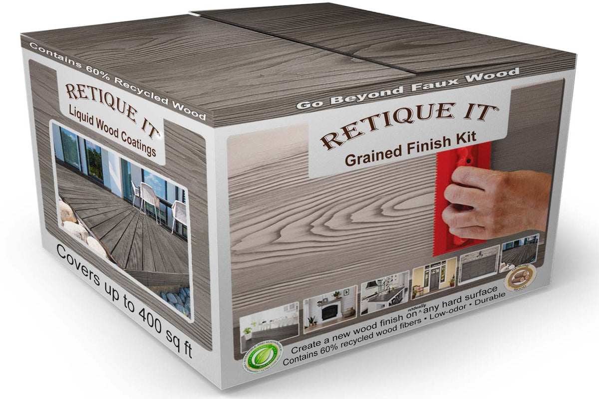 Retique It Wood'n Finish Kit in Harbor Gray with four large interior top coat boxes showing wood grain finish on packaging
