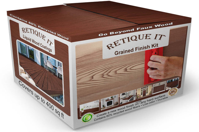 Retique It Wood'n Finish Kit in Red Mahogany, multi-purpose interior top coat with four large wood finish containers and grained design.