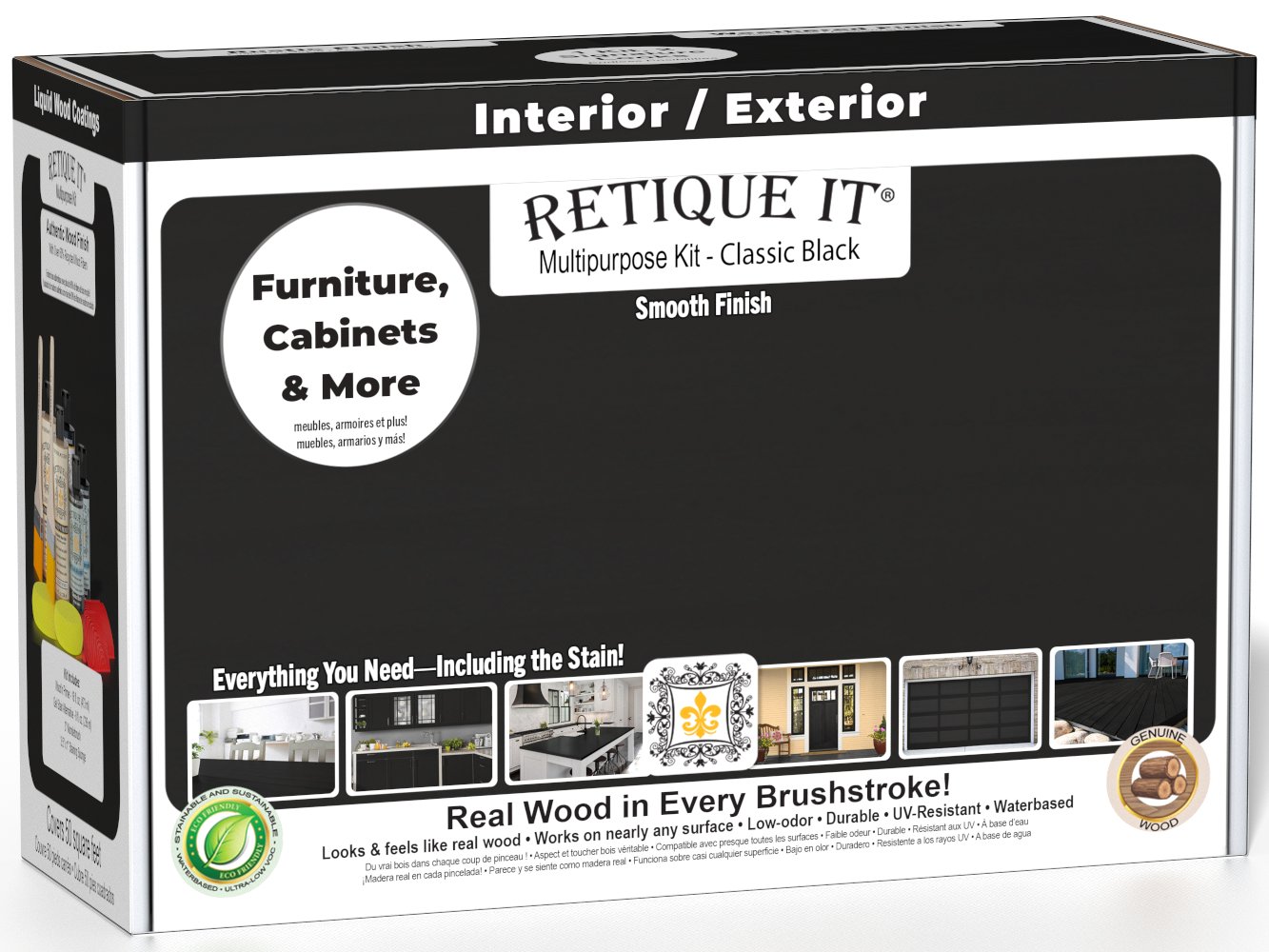 Retique It® Multi-purpose Smooth Finish Kit in Classic Black for interior wood projects, includes top coat and application tools.