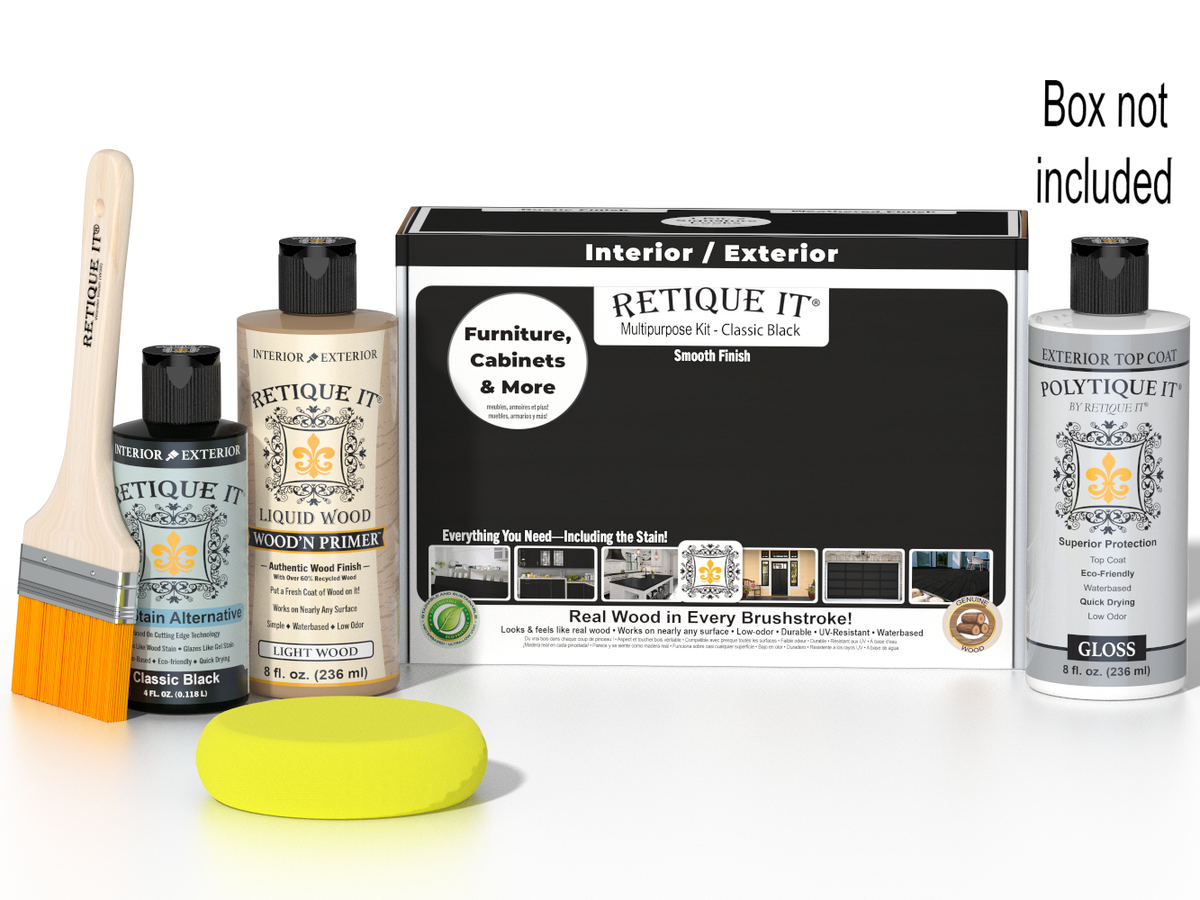 Retique It Multi-purpose Smooth Finish Kit in Classic Black with exterior gloss top coat and wood finish applicator tools.