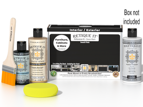 Retique It® Multi-purpose Smooth Finish Kit in Classic Black with exterior gloss top coat and wood finish applicator tools.
