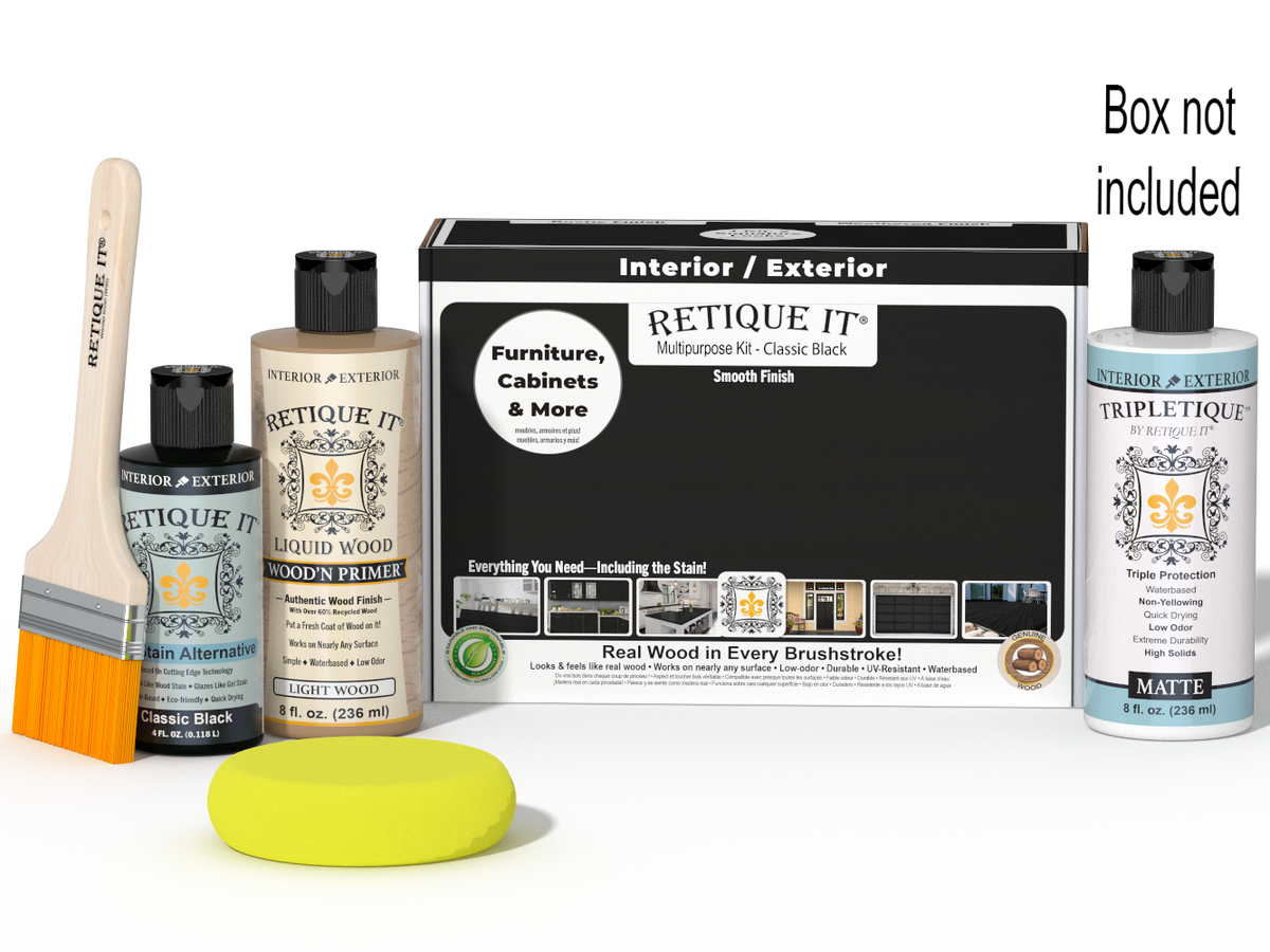 Retique It® Multi-purpose Smooth Finish Kit in Classic Black for interior wood projects, includes top coat and application tools.