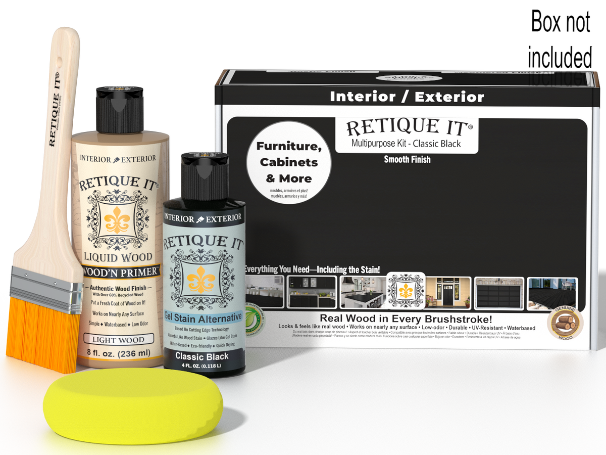 Retique It® Multi-purpose Smooth Finish Kit in classic black, includes tools and materials for wood finishing projects.