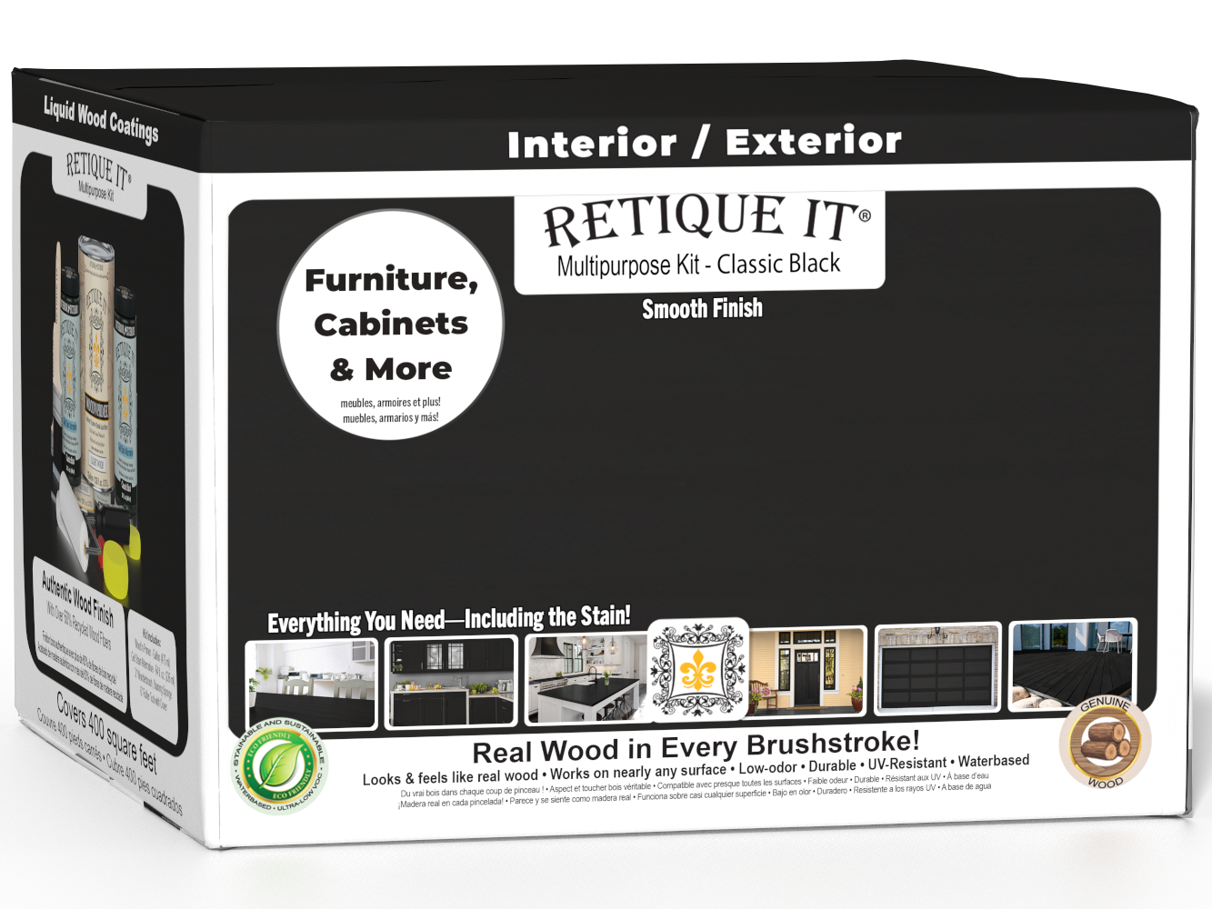 Retique It® Multi-purpose Smooth Finish Kit in classic black, interior wood top coat, 4-piece large set with wood finish products.