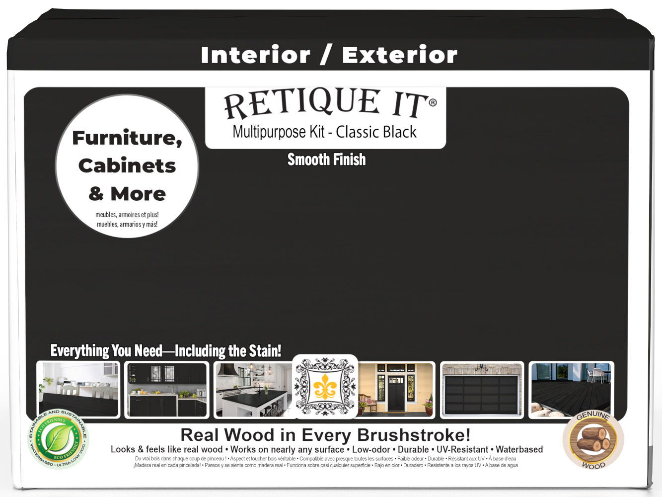 Retique It® Multi-purpose Smooth Finish Kit in classic black with four large exterior top coat bottles for wood finishing.