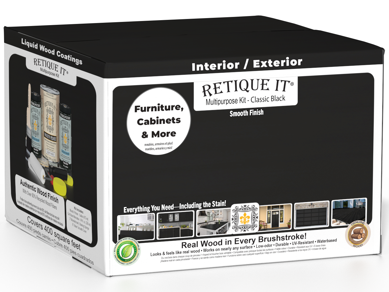 Retique It® Multi-purpose Smooth Finish Kit in Classic Black with four interior wood top coat bottles, designed for wood finishing.