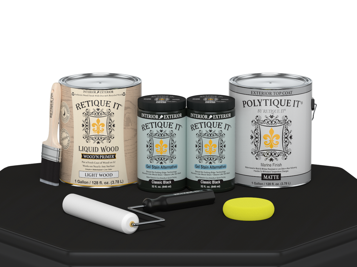 Retique It® wood finish kit with four large black exterior top coat bottles, matte smooth finish for wood surfaces.