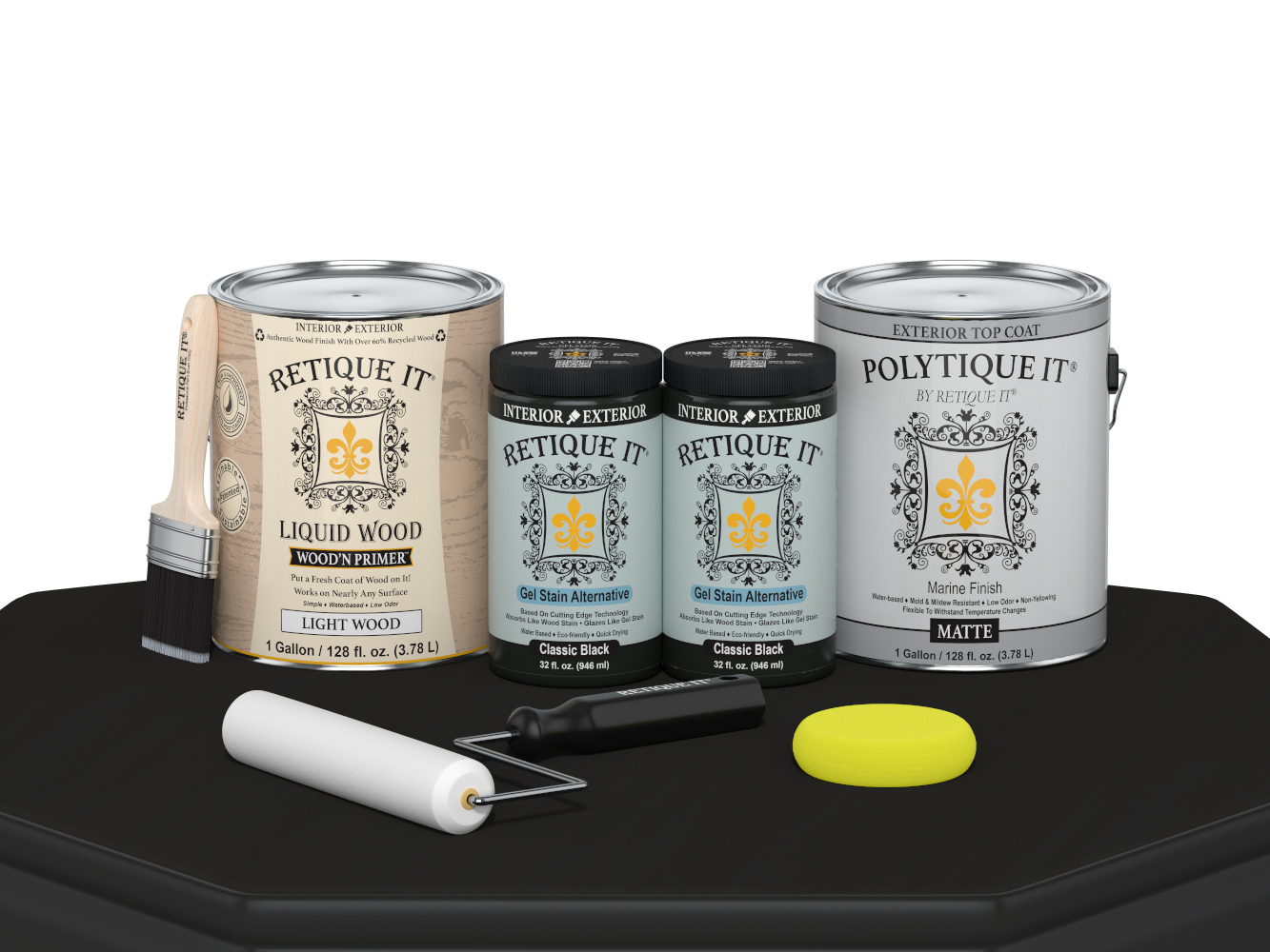 Retique It® wood finish kit with four large black exterior top coat bottles, matte smooth finish for wood surfaces.