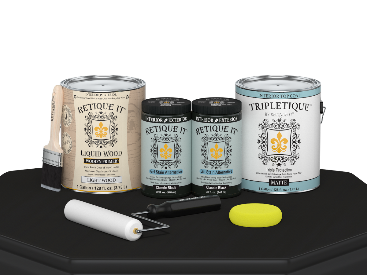 Retique It® Multi-purpose Smooth Finish Kit in classic black for interior wood projects, featuring four large matte top coat bottles.