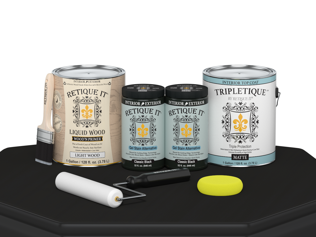 Retique It® Multi-purpose Smooth Finish Kit in classic black for interior wood projects, featuring four large matte top coat bottles.