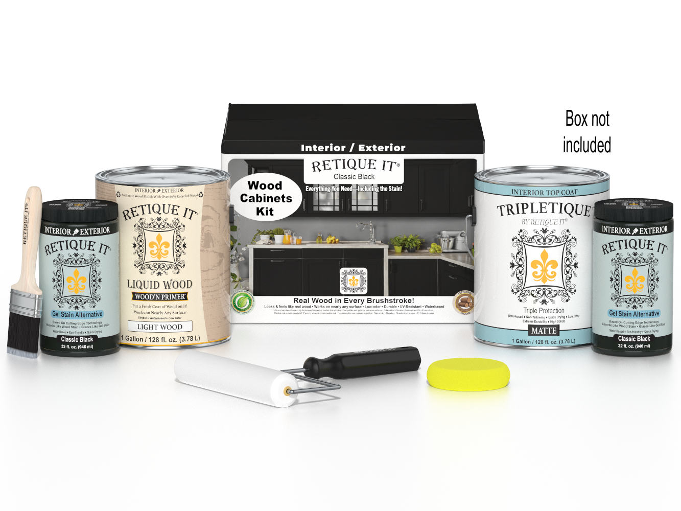 Retique It® Wood'n Cabinet Kit with 48 smooth black stained cabinet doors and packaging for classic black kitchen cabinets.