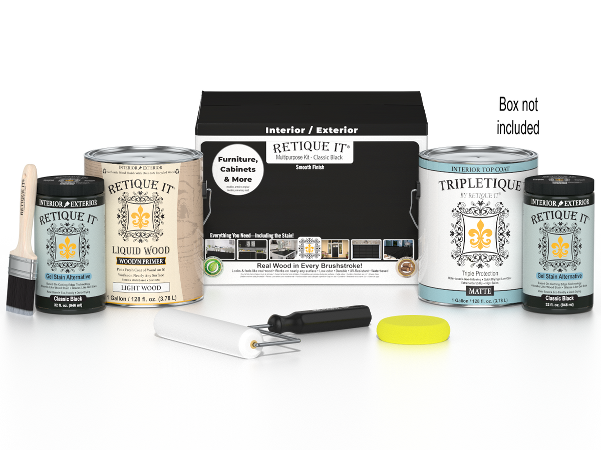 Retique It® Multi-purpose Smooth Finish Kit in Classic Black, four large interior top coat bottles with application box.