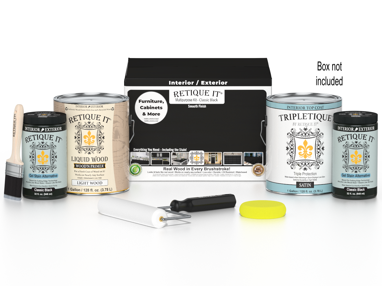 Retique It® Multi-purpose Smooth Finish Kit in classic black for interior wood projects, featuring four large matte top coat bottles.