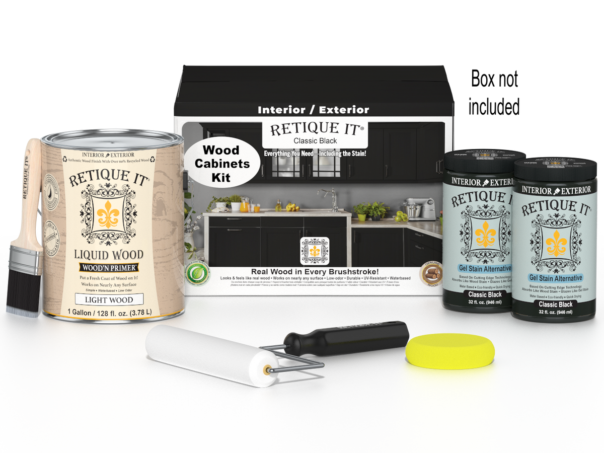 Retique It® Wood'n Cabinet Kit with 48 smooth black stained cabinet doors, designed for classic black kitchen cabinetry.