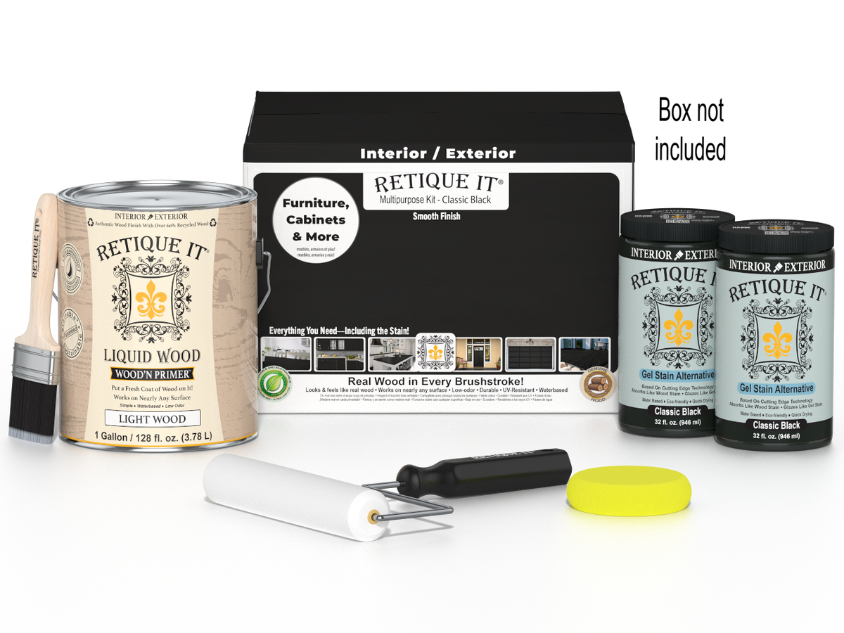 Retique It® Wood'n Finish Kit in classic black, four-piece multi-purpose smooth finish set with wooden tools and black finish containers.