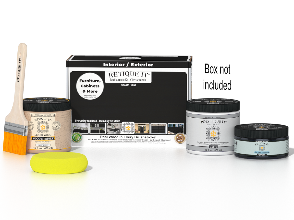 Retique It® Multi-purpose Smooth Finish Kit in Classic Black for wood exterior top coat, includes application tools and finishing supplies.